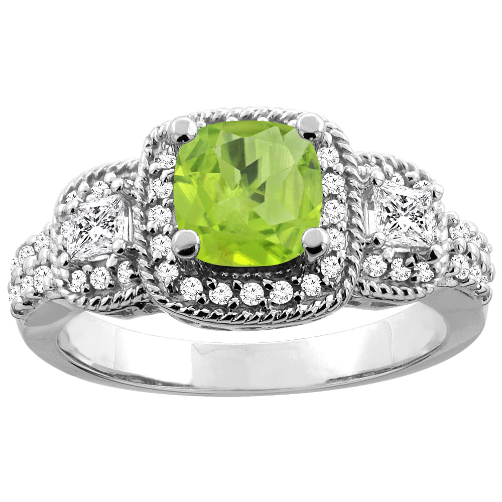 10K White/Yellow Gold Natural Peridot Ring Cushion 6x6 mm Diamond Accent, sizes 5 - 10