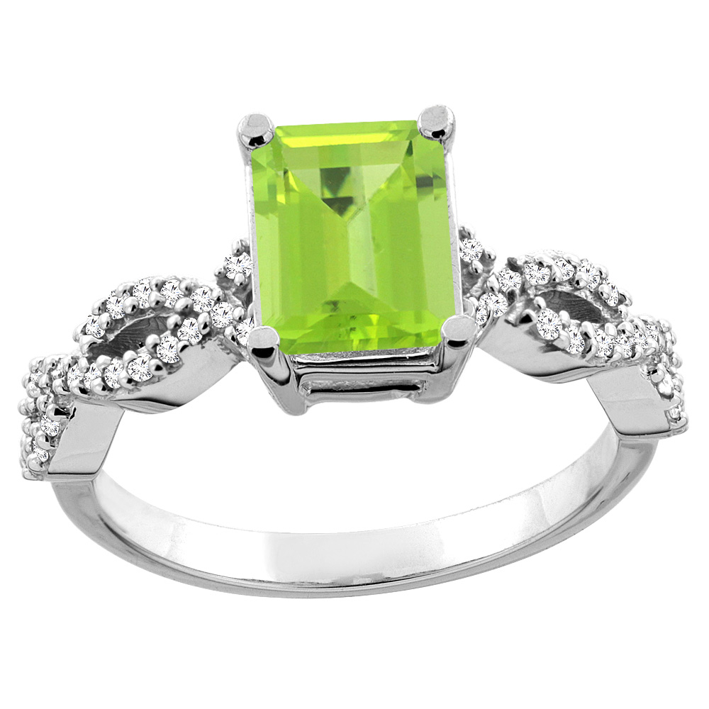 10K White/Yellow Gold Natural Peridot Eternity Ring Octagon 9x7mm Diamond Accent, sizes 5 - 10