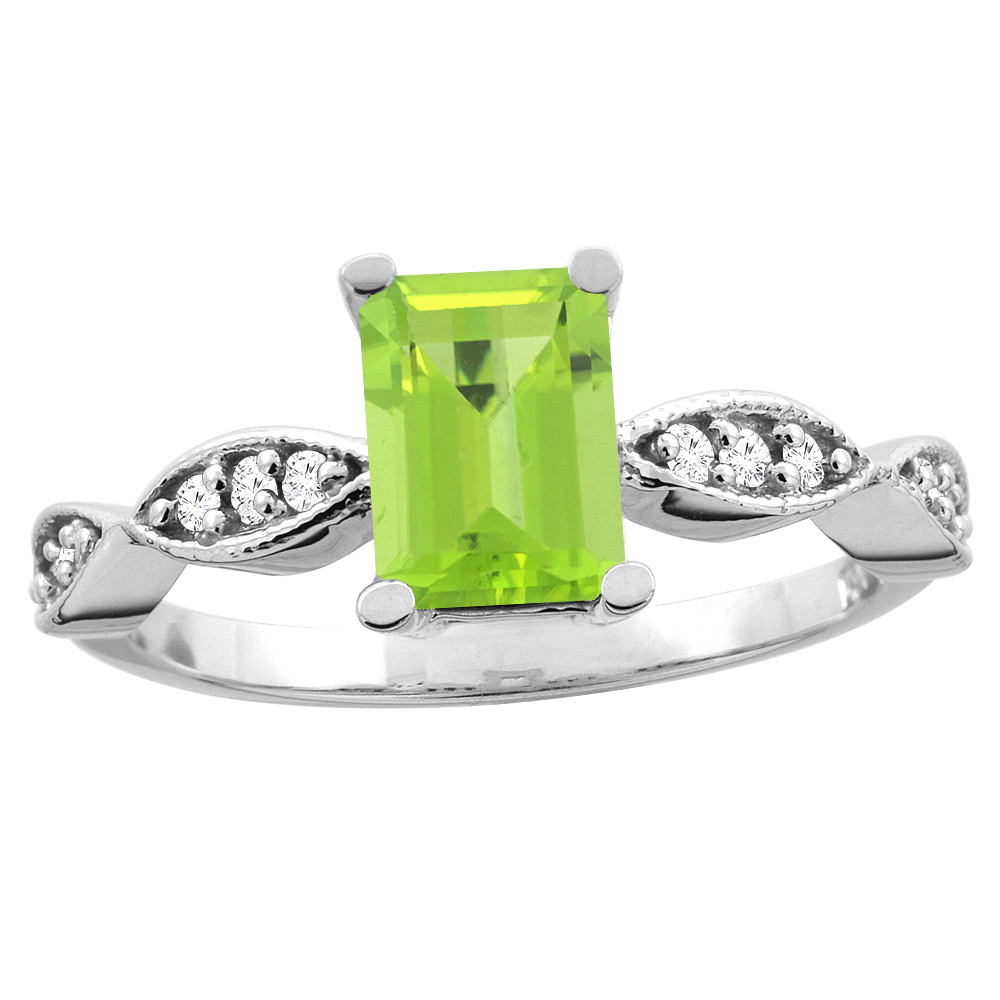 10K White/Yellow Gold Natural Peridot Ring Octagon 8x6mm Diamond Accent, sizes 5 - 10