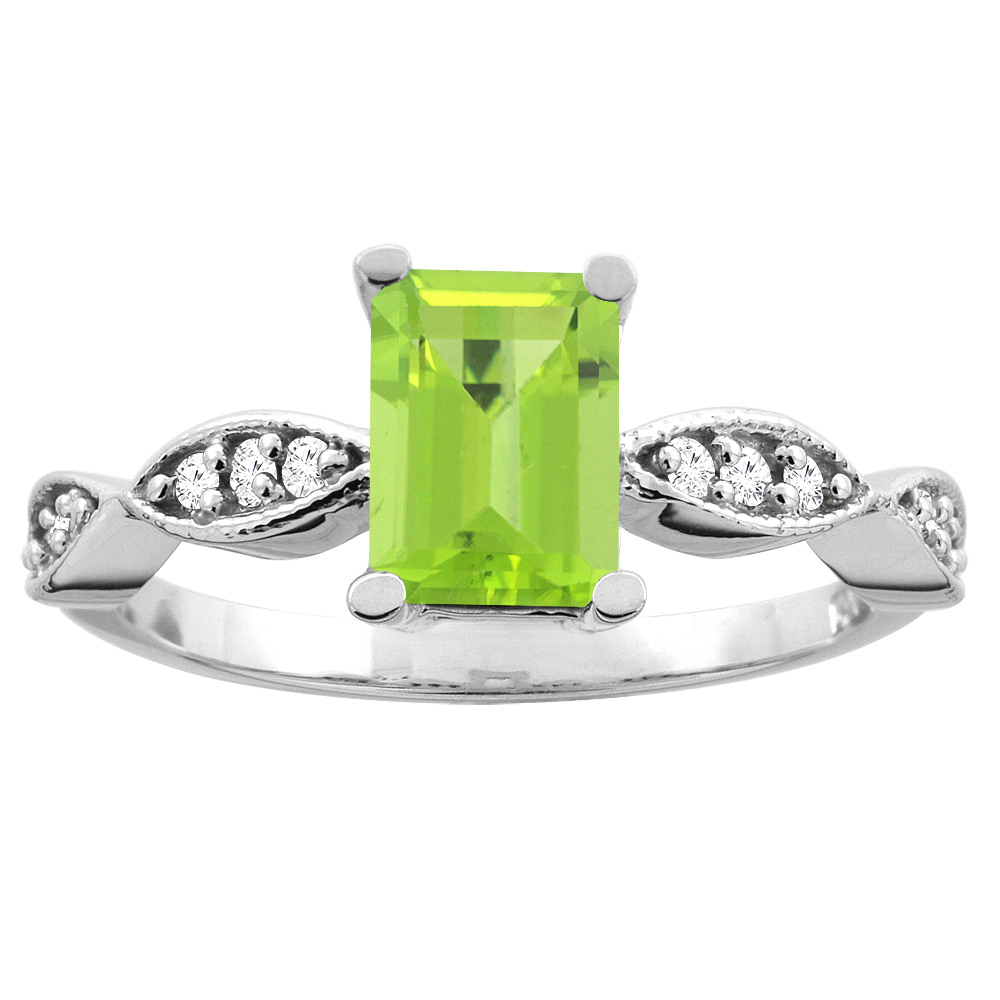 14K White/Yellow Gold Natural Peridot Ring Octagon 7x5mm Diamond Accents, sizes 5 -10