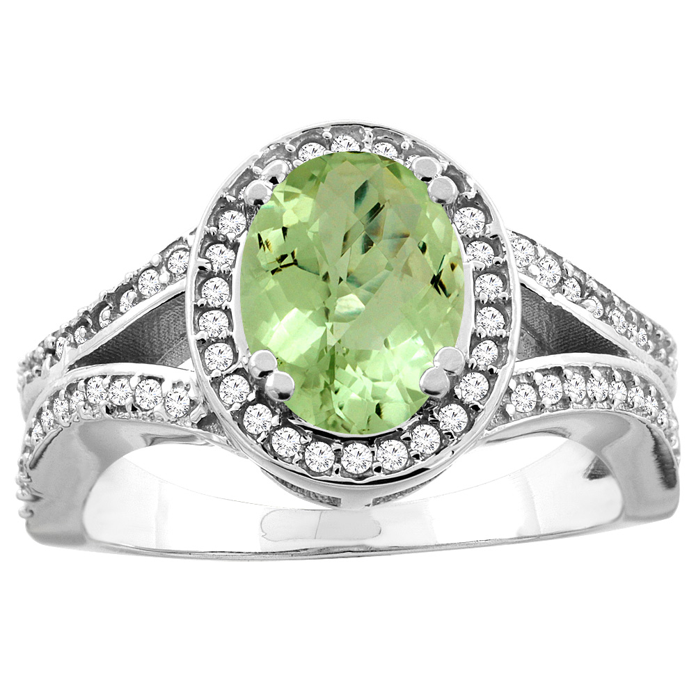 10K White/Yellow Gold Natural Peridot Split Ring Oval 8x6mm Diamond Accent, sizes 5 - 10