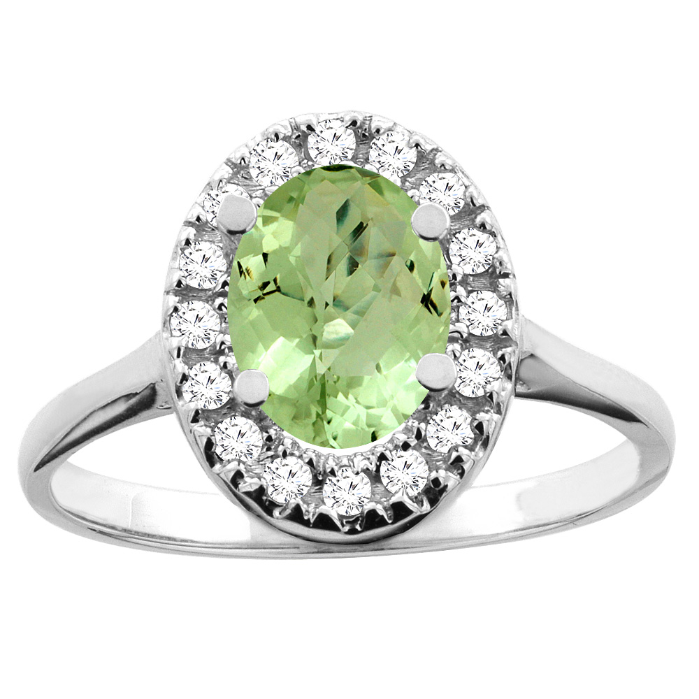 10K White/Yellow Gold Natural Peridot Ring Oval 8x6mm Diamond Accent, sizes 5 - 10