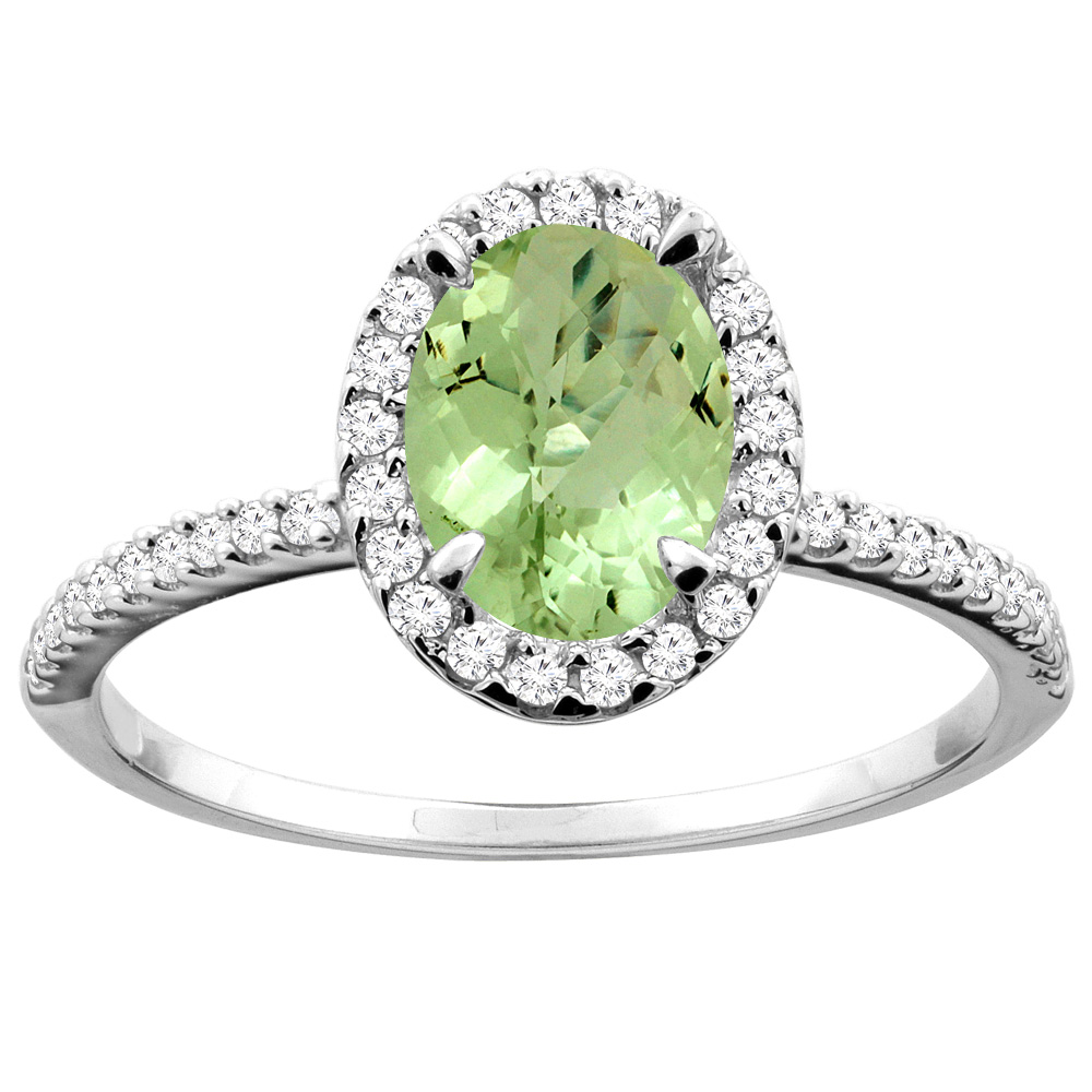 14K White/Yellow Gold Natural Peridot Ring Oval 8x6mm Diamond Accent, sizes 5 - 10