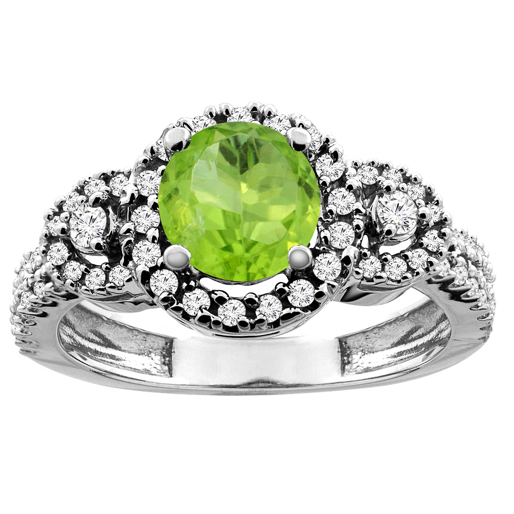 14K White/Yellow Gold Diamond Halo Natural Peridot Ring Round 6mm, sizes 5 - 10