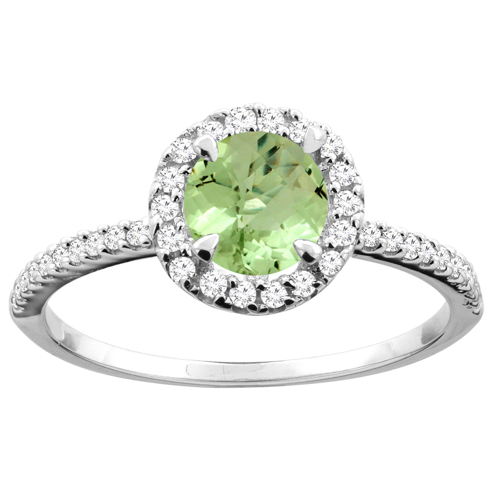 14K Gold Natural Peridot Ring Round 6mm Diamond Accents, sizes 5 - 10