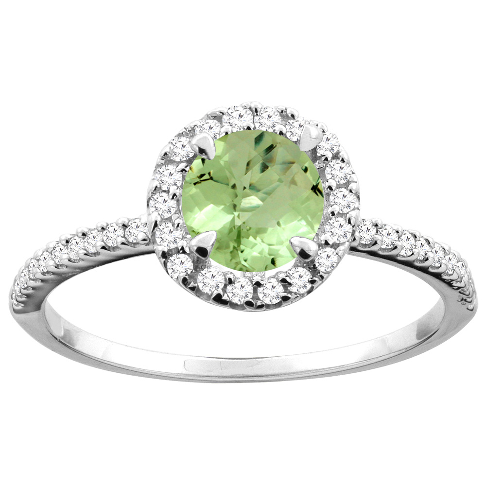 10K Gold Natural Peridot Ring Round 6mm Diamond Accents, sizes 5 - 10