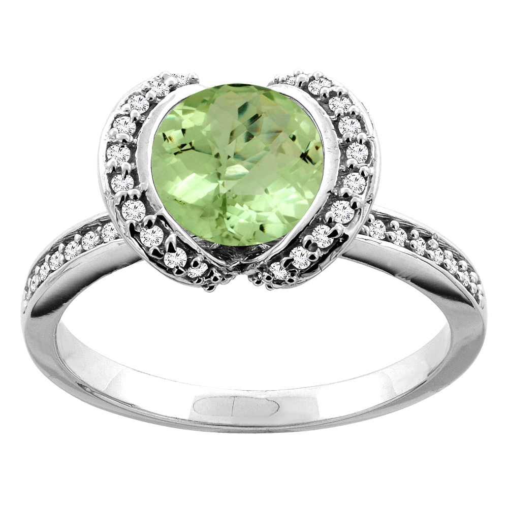 14K White/Yellow Gold Natural Peridot Ring Round 7mm Diamond Accent, sizes 5 - 10