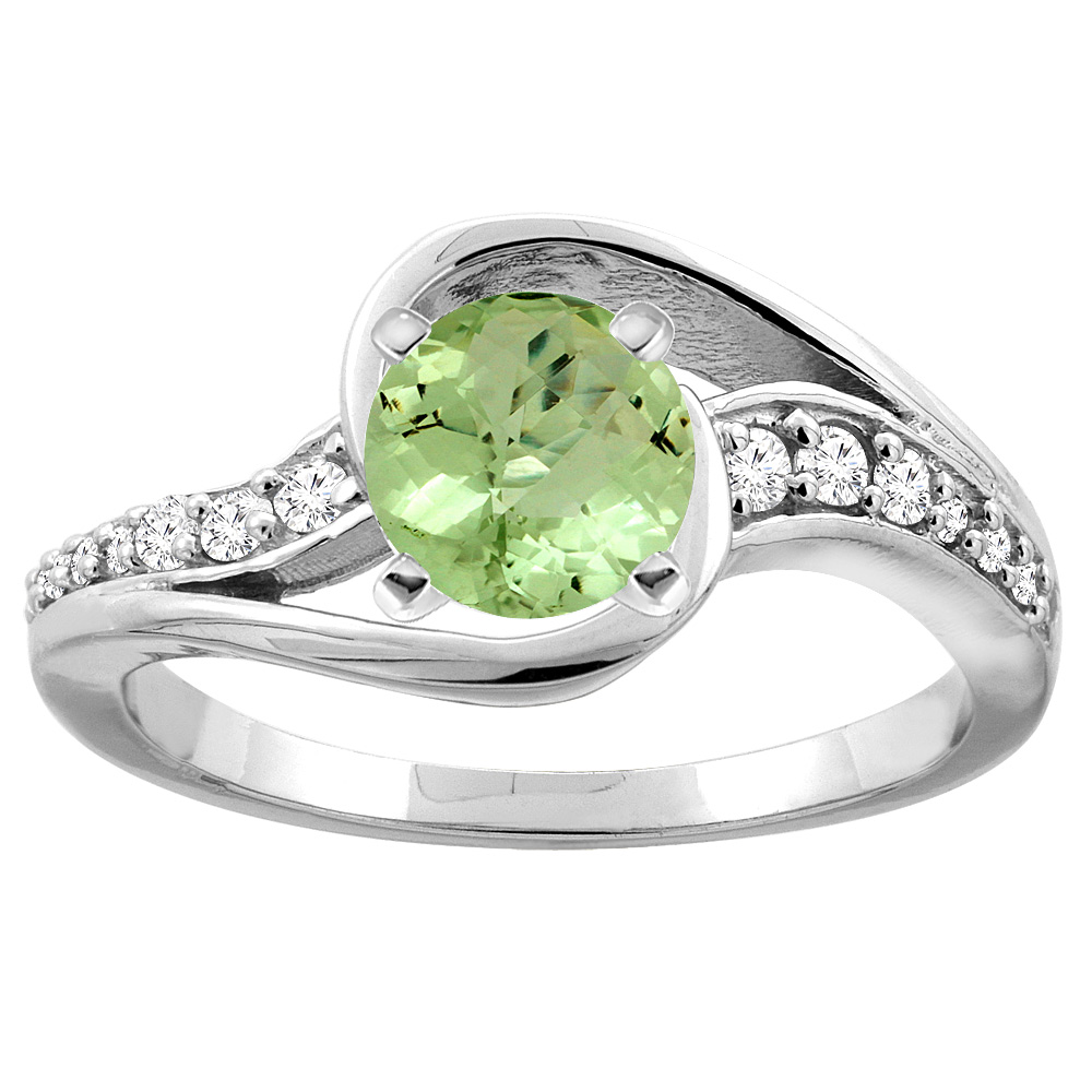 10K White/Yellow Gold Natural Peridot Bypass Ring Round 6mm Diamond Accent, sizes 5 - 10