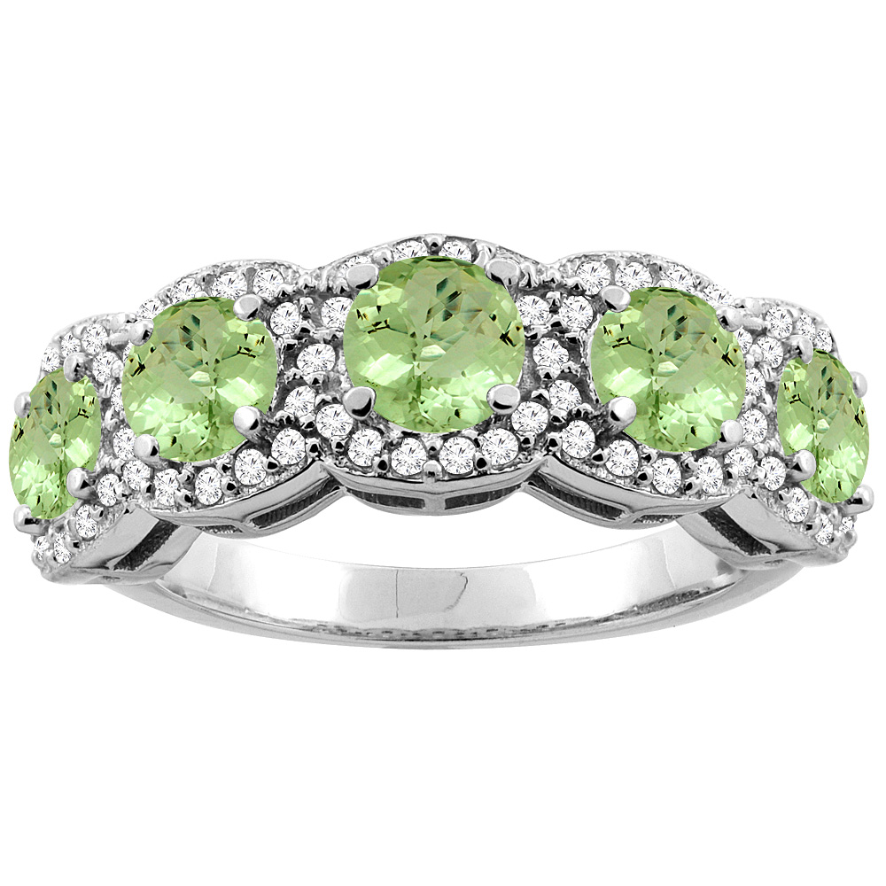 10K Gold Natural Peridot 5-Stone Ring Round 4mm, sizes 5 - 10