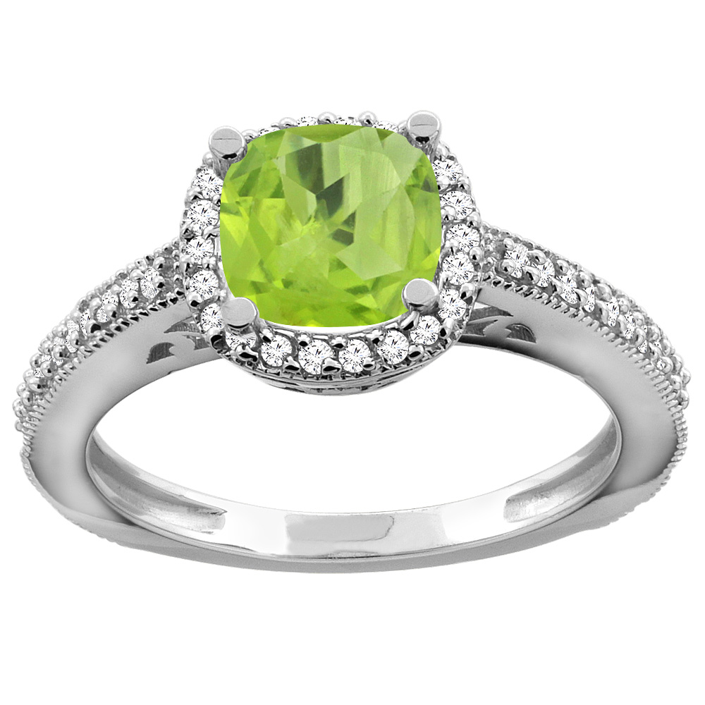 14K Gold Natural Peridot Engagement Ring Diamond Halo Cushion 7mm, sizes 5 - 10