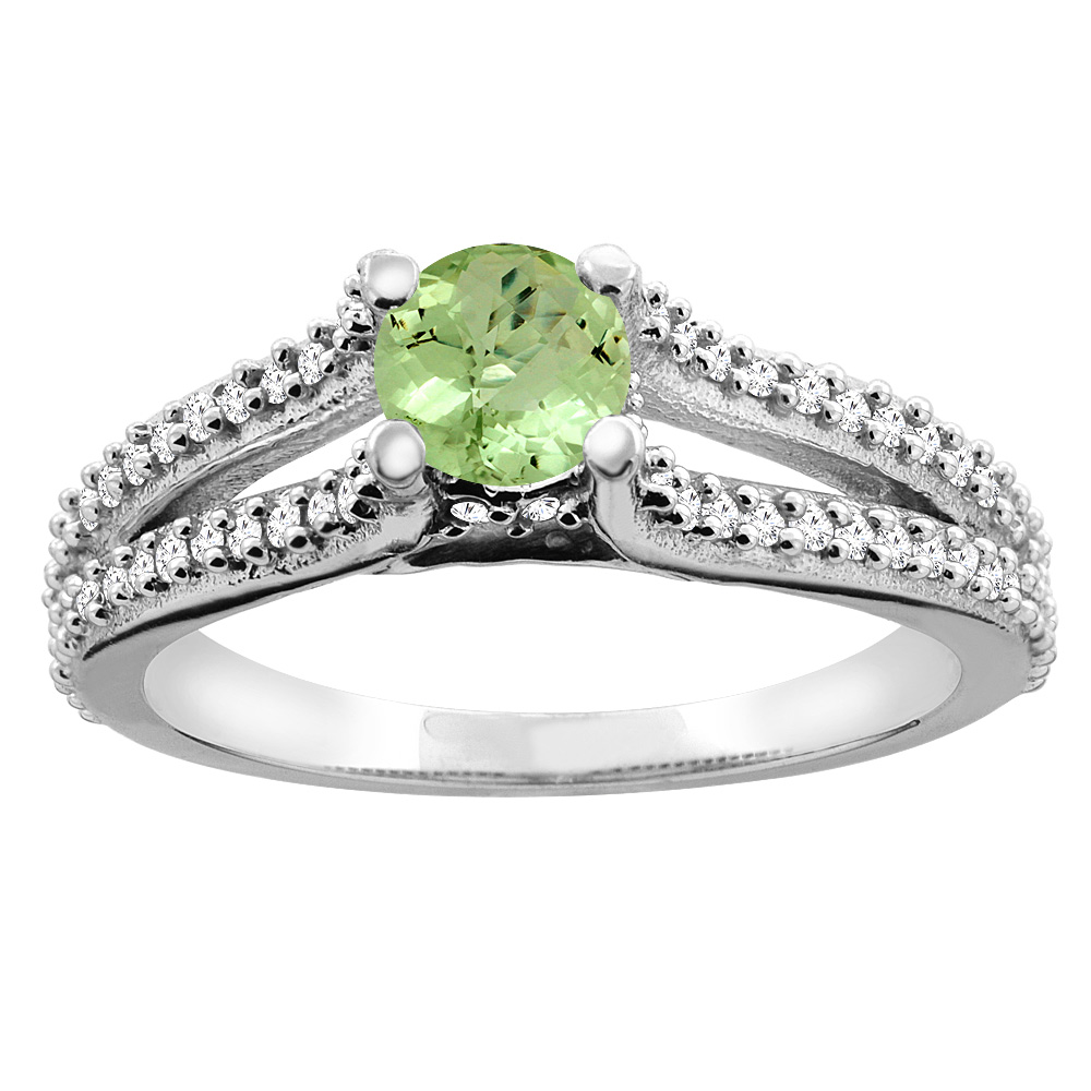 10K White Gold Natural Peridot Engagement Split Shank Ring Round 5mm Diamond Accents, sizes 5 - 10