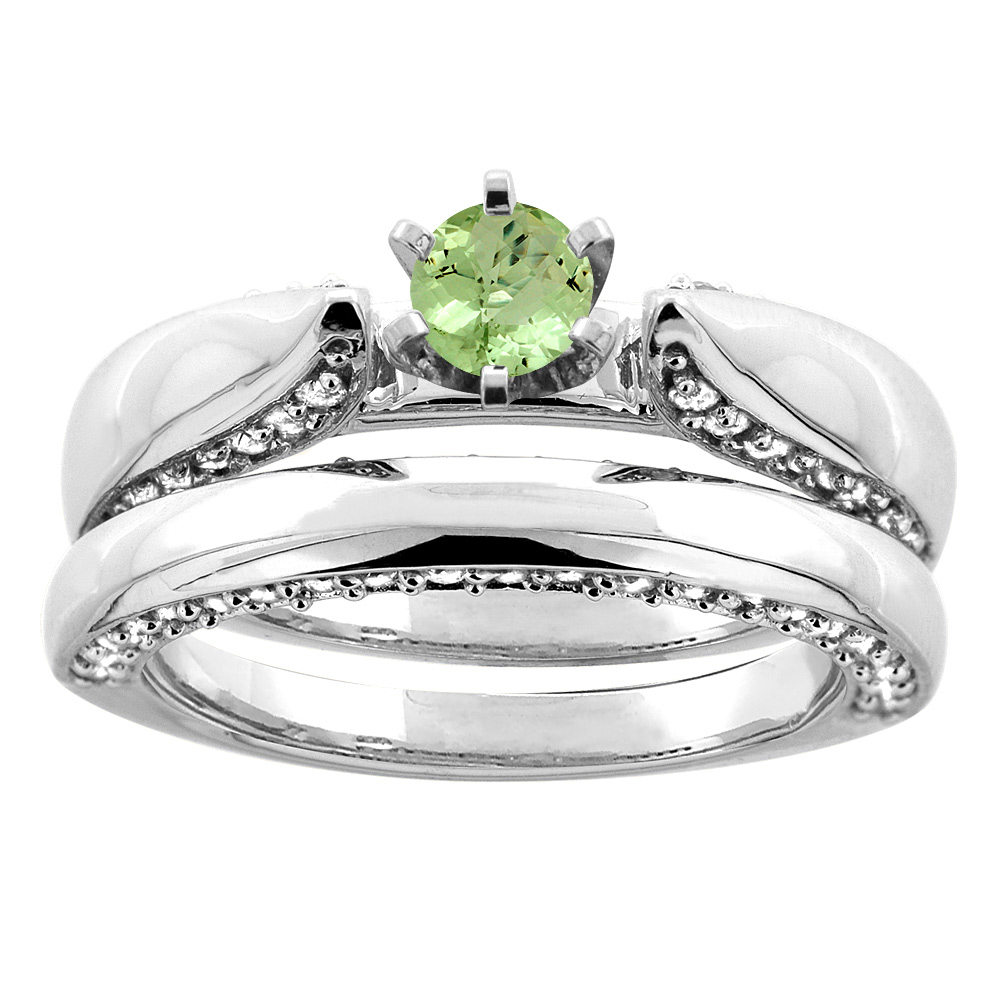 10K White Gold Natural Peridot 2-piece Bridal Ring Set Diamond Accents Round 5mm, sizes 5 - 10