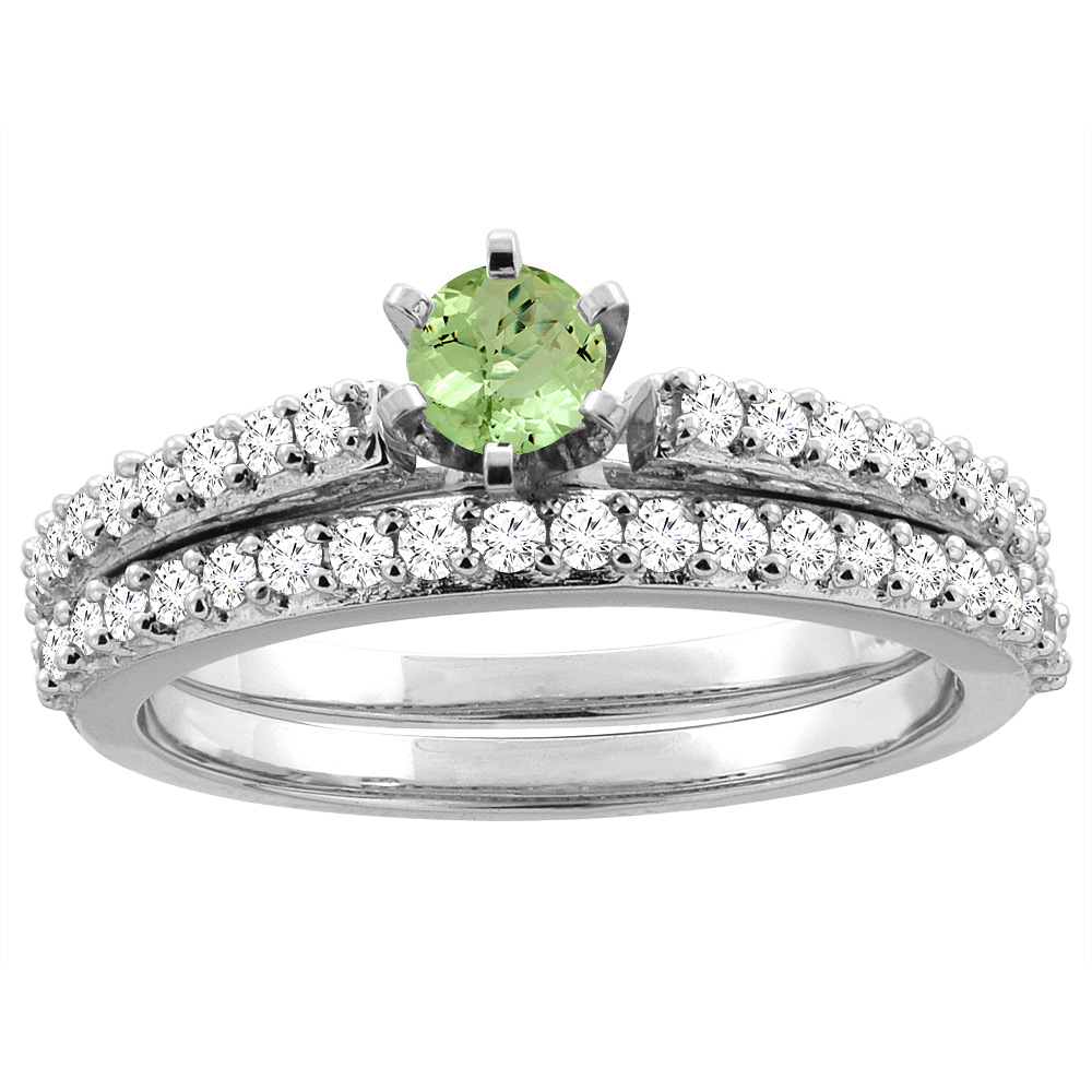 14K White Gold Natural Peridot 2-piece Bridal Ring Set Round 4mm, sizes 5 - 10