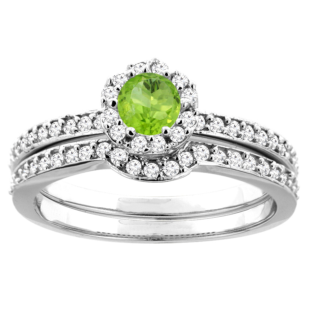 14K White Gold Natural Peridot 2-pc Bridal Ring Set Diamond Accent Round 4mm, sizes 5 - 10