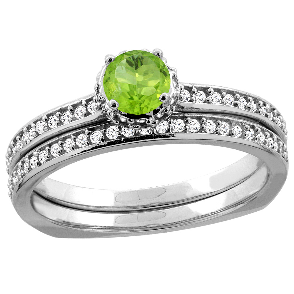 14K Yellow Gold Diamond Natural Peridot 2-pc Bridal Ring Set Round 4mm, sizes 5 - 10