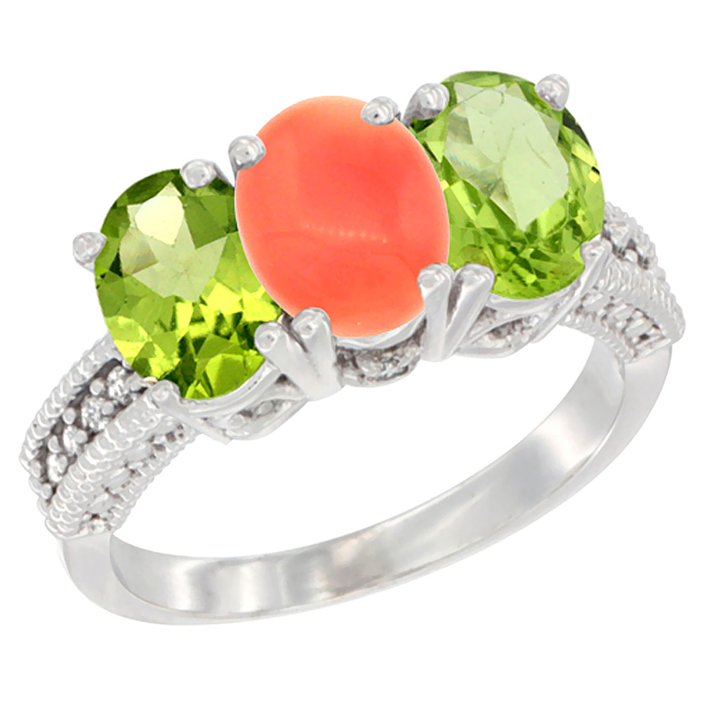 14K White Gold Natural Coral &amp; Peridot Sides Ring 3-Stone Oval 7x5 mm Diamond Accent, sizes 5 - 10