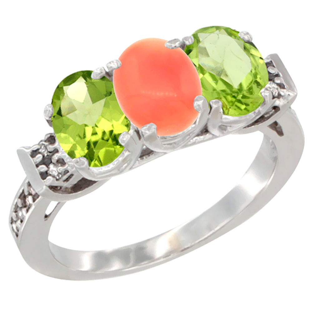 14K White Gold Natural Coral & Peridot Sides Ring 3-Stone Oval 7x5 mm Diamond Accent, sizes 5 - 10