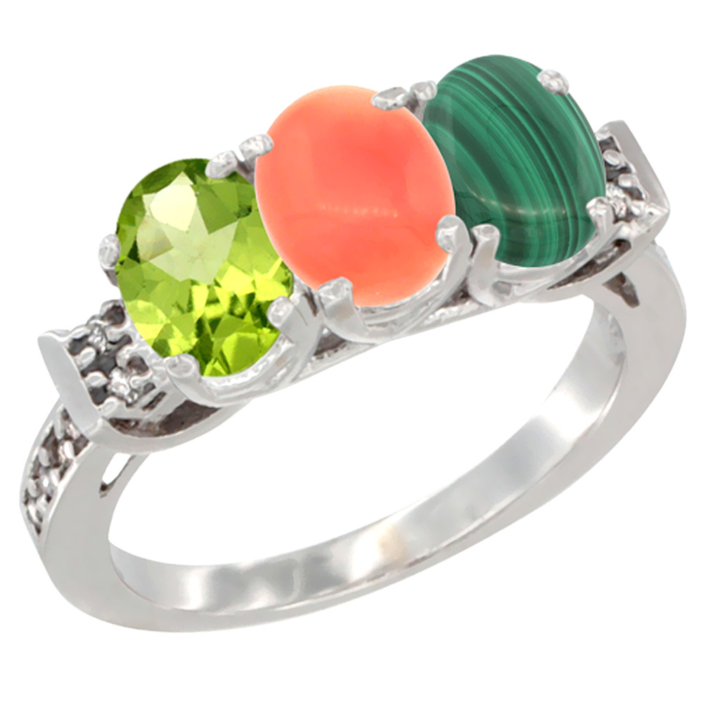 10K White Gold Natural Peridot, Coral & Malachite Ring 3-Stone Oval 7x5 mm Diamond Accent, sizes 5 - 10