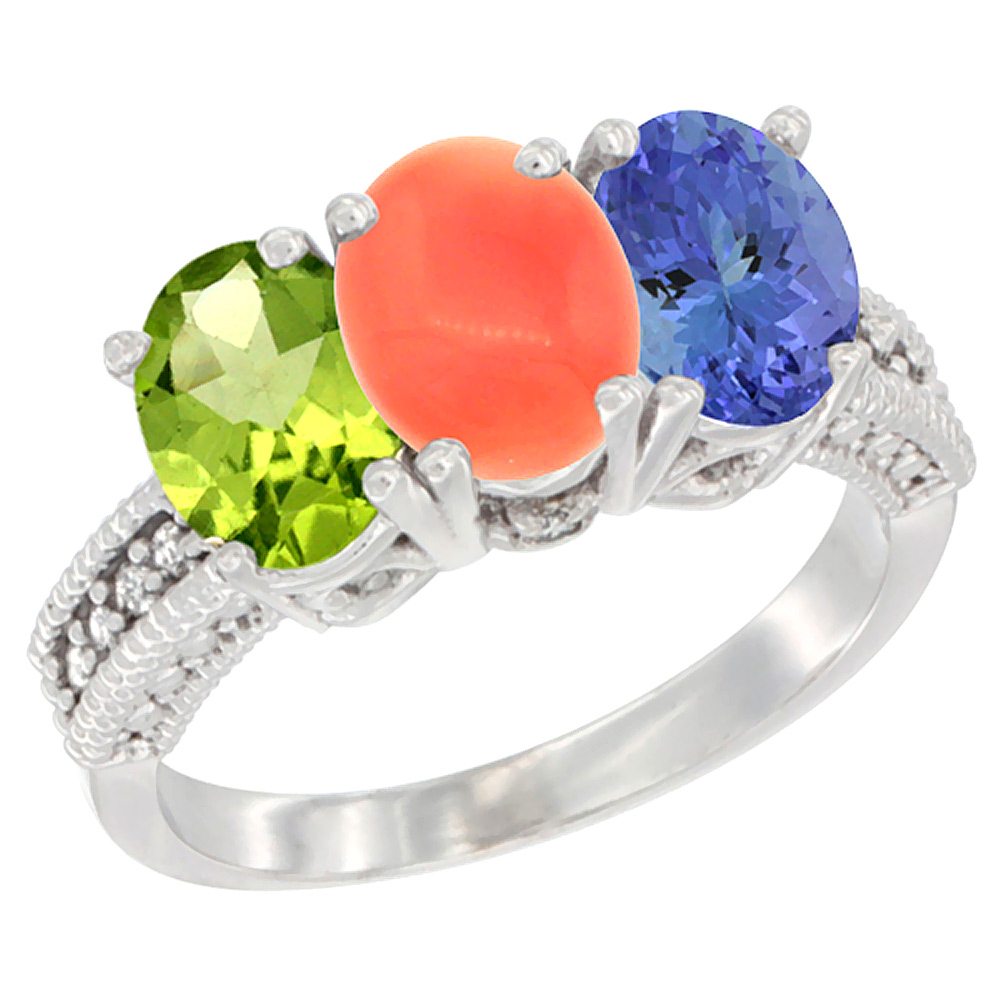 14K White Gold Natural Peridot, Coral & Tanzanite Ring 3-Stone Oval 7x5 mm Diamond Accent, sizes 5 - 10