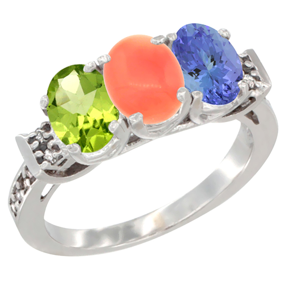 14K White Gold Natural Peridot, Coral & Tanzanite Ring 3-Stone Oval 7x5 mm Diamond Accent, sizes 5 - 10