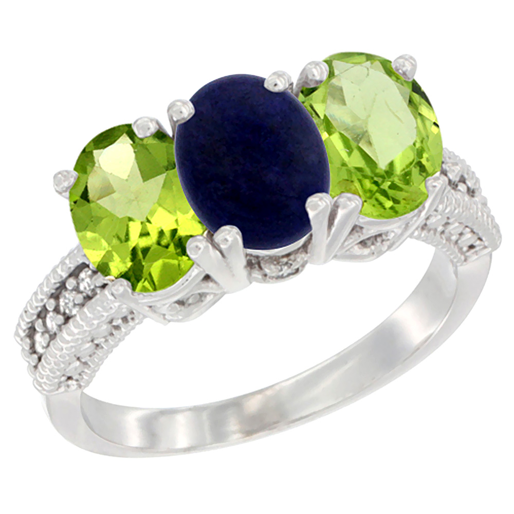 10K White Gold Natural Lapis & Peridot Sides Ring 3-Stone Oval 7x5 mm Diamond Accent, sizes 5 - 10