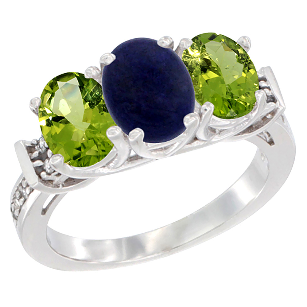 10K White Gold Natural Lapis & Peridot Sides Ring 3-Stone Oval Diamond Accent, sizes 5 - 10