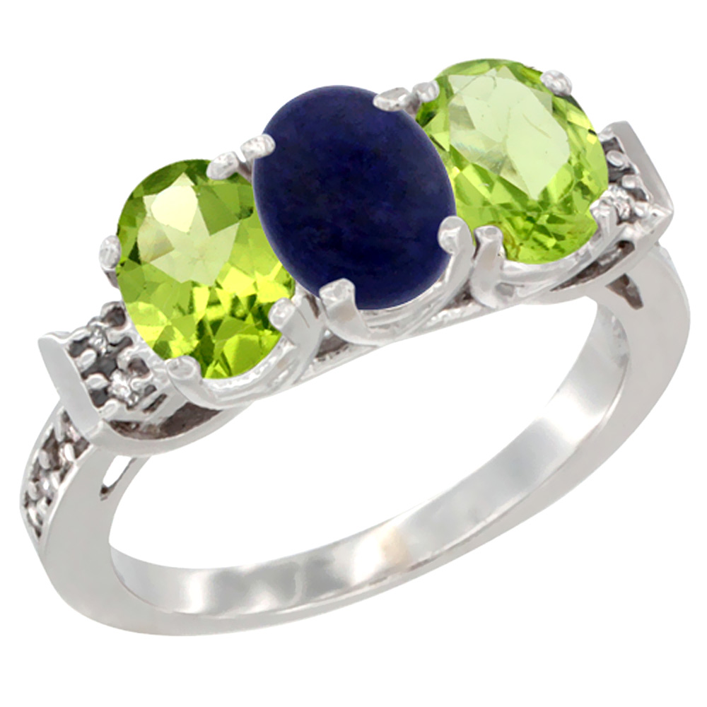 14K White Gold Natural Lapis & Peridot Sides Ring 3-Stone Oval 7x5 mm Diamond Accent, sizes 5 - 10