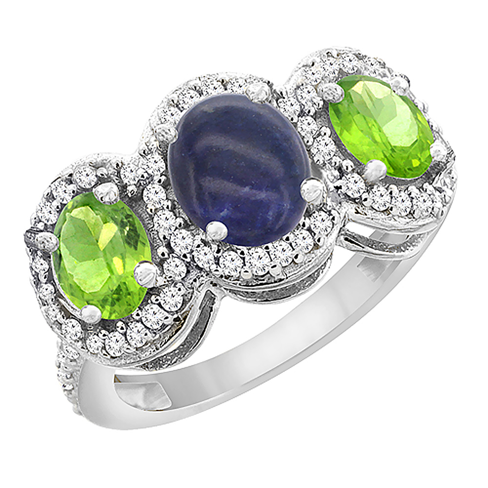 10K White Gold Natural Lapis & Peridot 3-Stone Ring Oval Diamond Accent, sizes 5 - 10