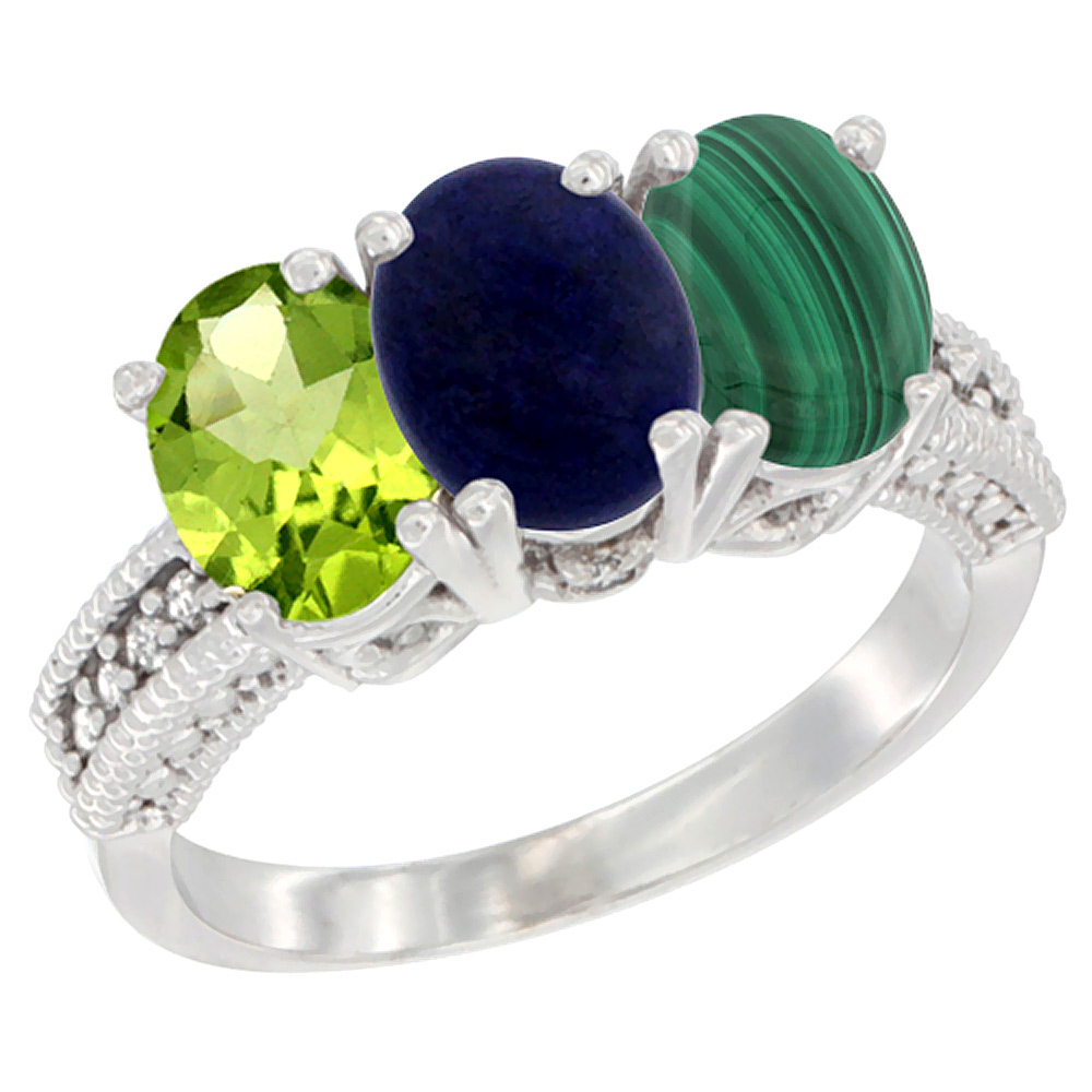 10K White Gold Natural Peridot, Lapis & Malachite Ring 3-Stone Oval 7x5 mm Diamond Accent, sizes 5 - 10