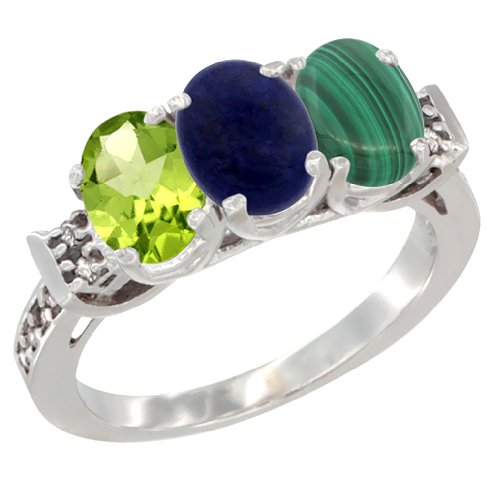 10K White Gold Natural Peridot, Lapis & Malachite Ring 3-Stone Oval 7x5 mm Diamond Accent, sizes 5 - 10