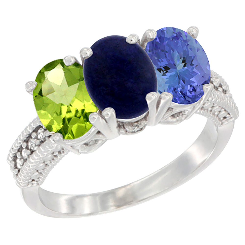 10K White Gold Natural Peridot, Lapis & Tanzanite Ring 3-Stone Oval 7x5 mm Diamond Accent, sizes 5 - 10