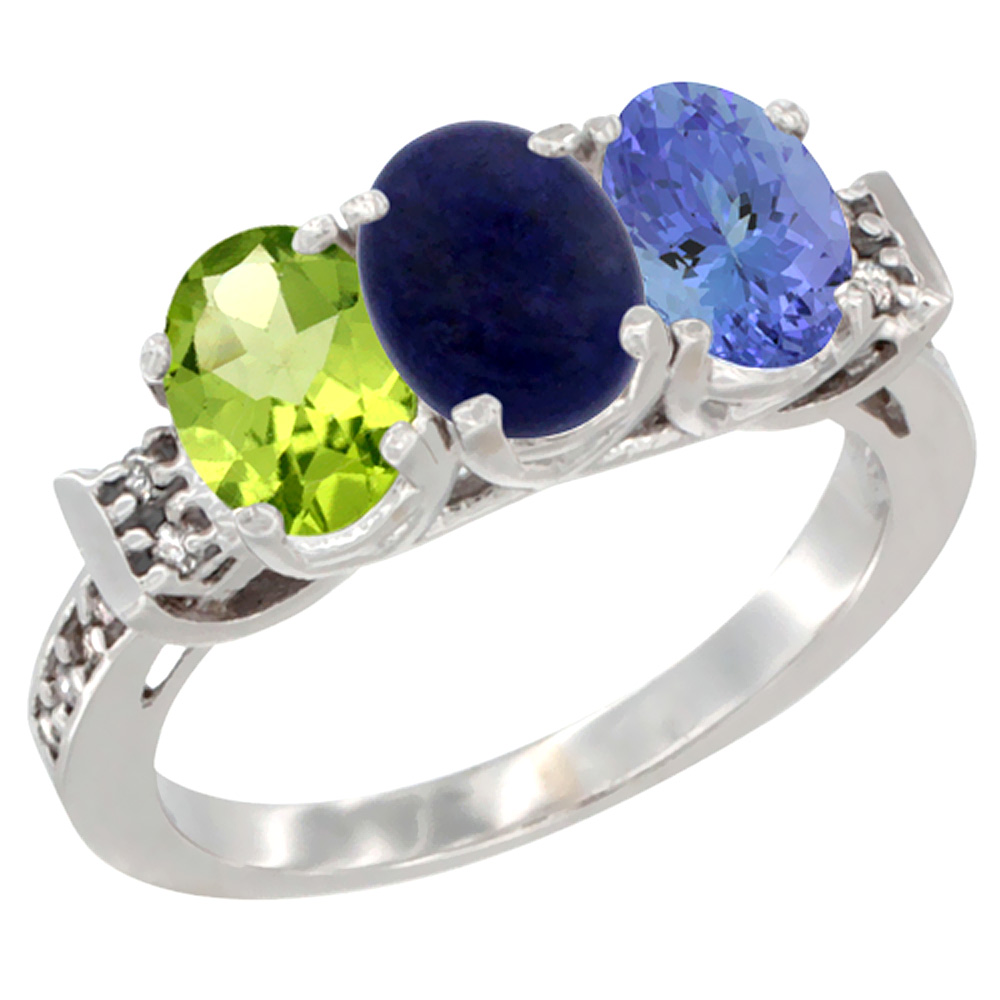 10K White Gold Natural Peridot, Lapis & Tanzanite Ring 3-Stone Oval 7x5 mm Diamond Accent, sizes 5 - 10