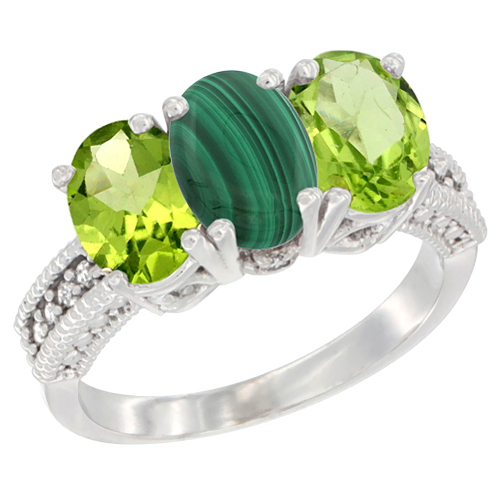 14K White Gold Natural Malachite & Peridot Sides Ring 3-Stone Oval 7x5 mm Diamond Accent, sizes 5 - 10