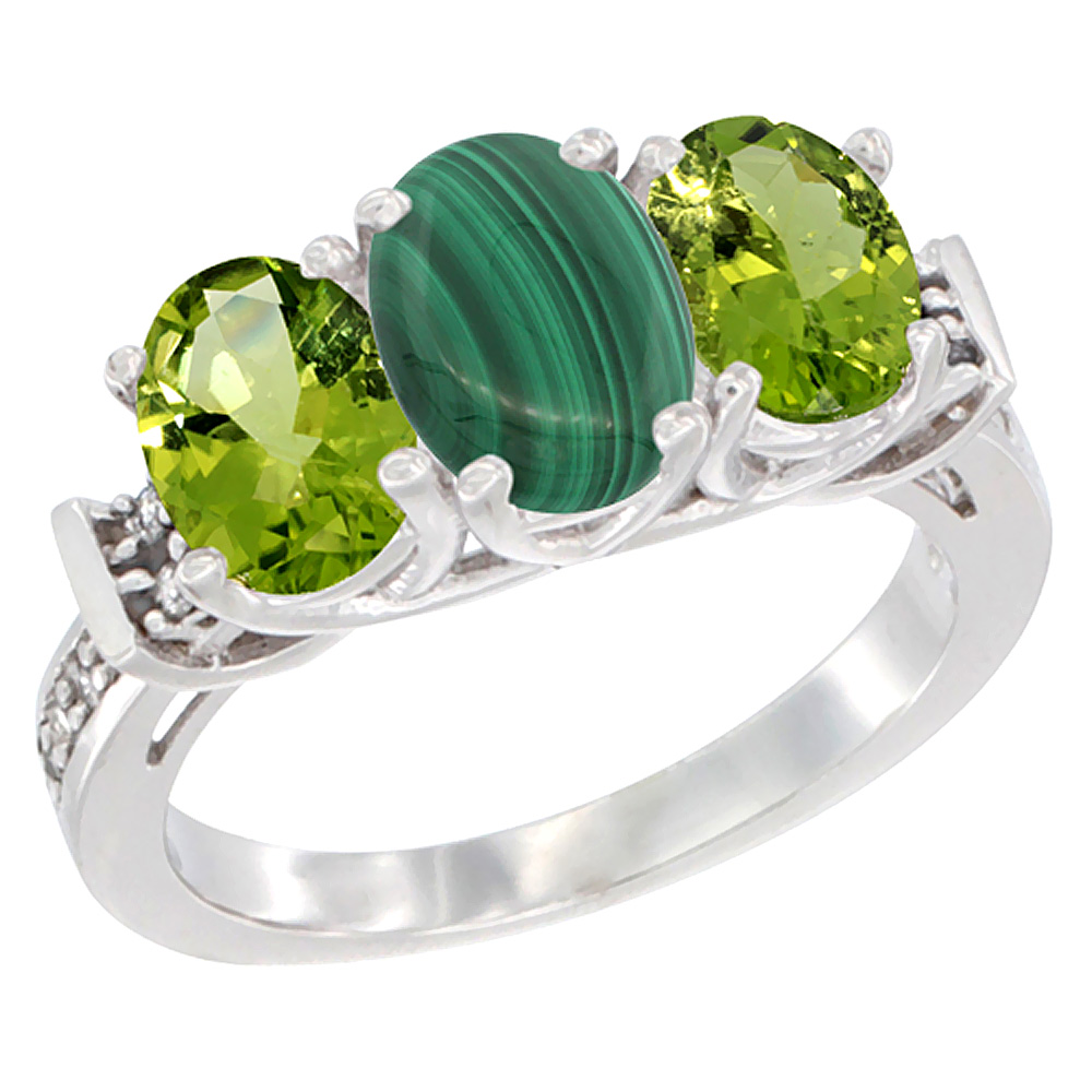 14K White Gold Natural Malachite &amp; Peridot Sides Ring 3-Stone Oval Diamond Accent, sizes 5 - 10