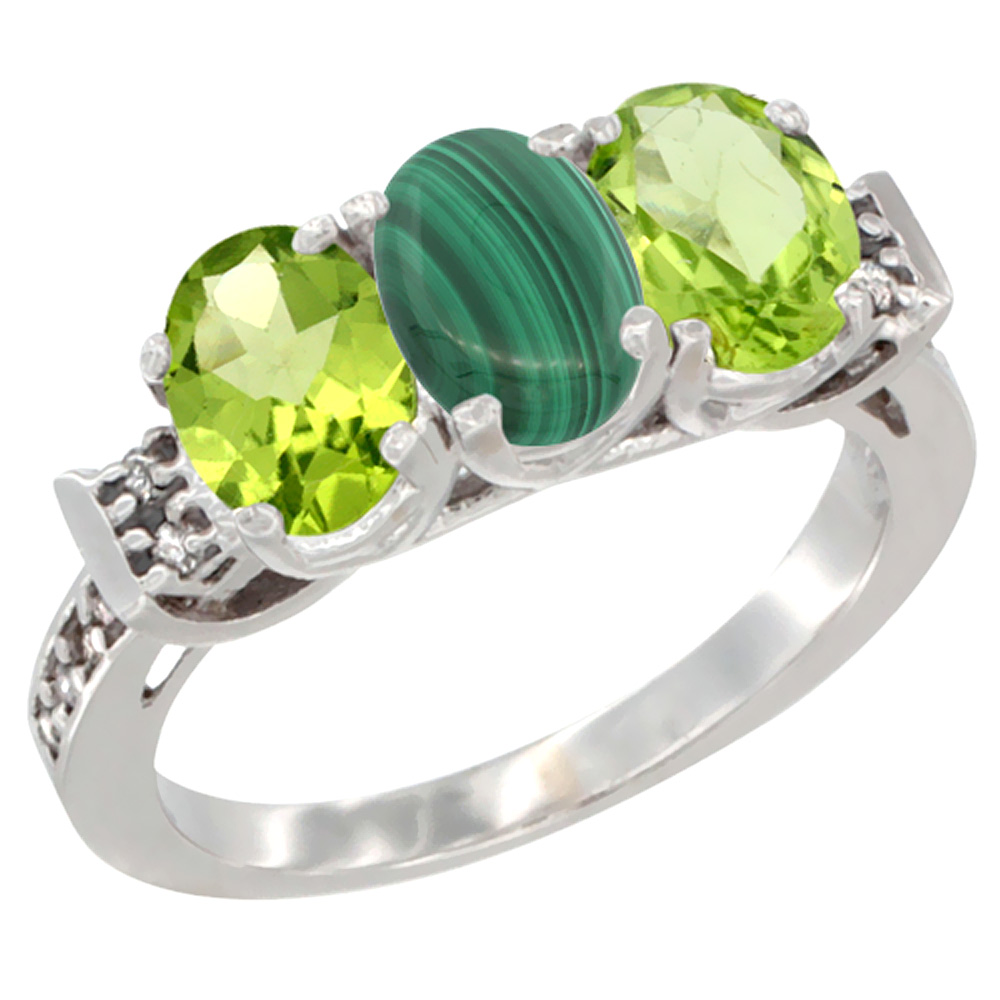 14K White Gold Natural Malachite & Peridot Sides Ring 3-Stone Oval 7x5 mm Diamond Accent, sizes 5 - 10