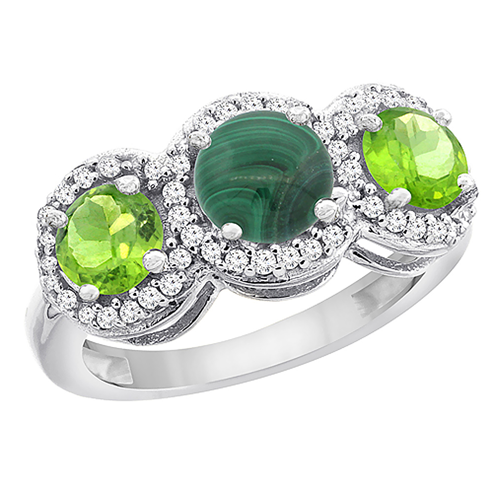 14K White Gold Natural Malachite & Peridot Sides Round 3-stone Ring Diamond Accents, sizes 5 - 10