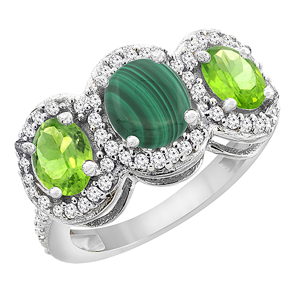 14K White Gold Natural Malachite & Peridot 3-Stone Ring Oval Diamond Accent, sizes 5 - 10