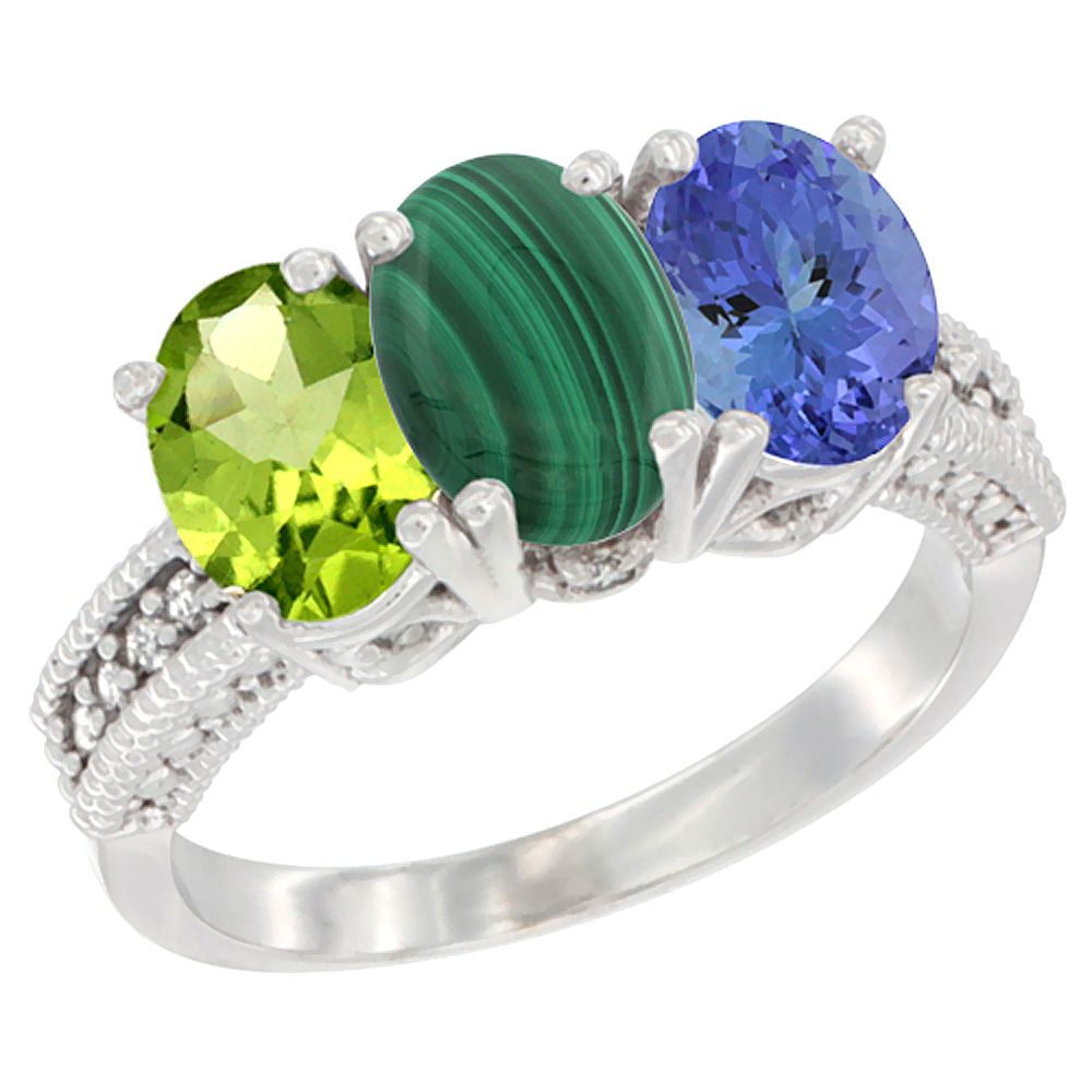 14K White Gold Natural Peridot, Malachite & Tanzanite Ring 3-Stone Oval 7x5 mm Diamond Accent, sizes 5 - 10