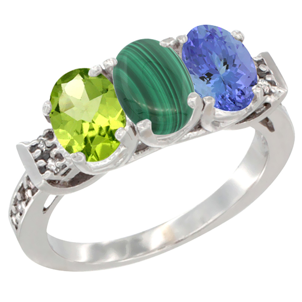 10K White Gold Natural Peridot, Malachite &amp; Tanzanite Ring 3-Stone Oval 7x5 mm Diamond Accent, sizes 5 - 10