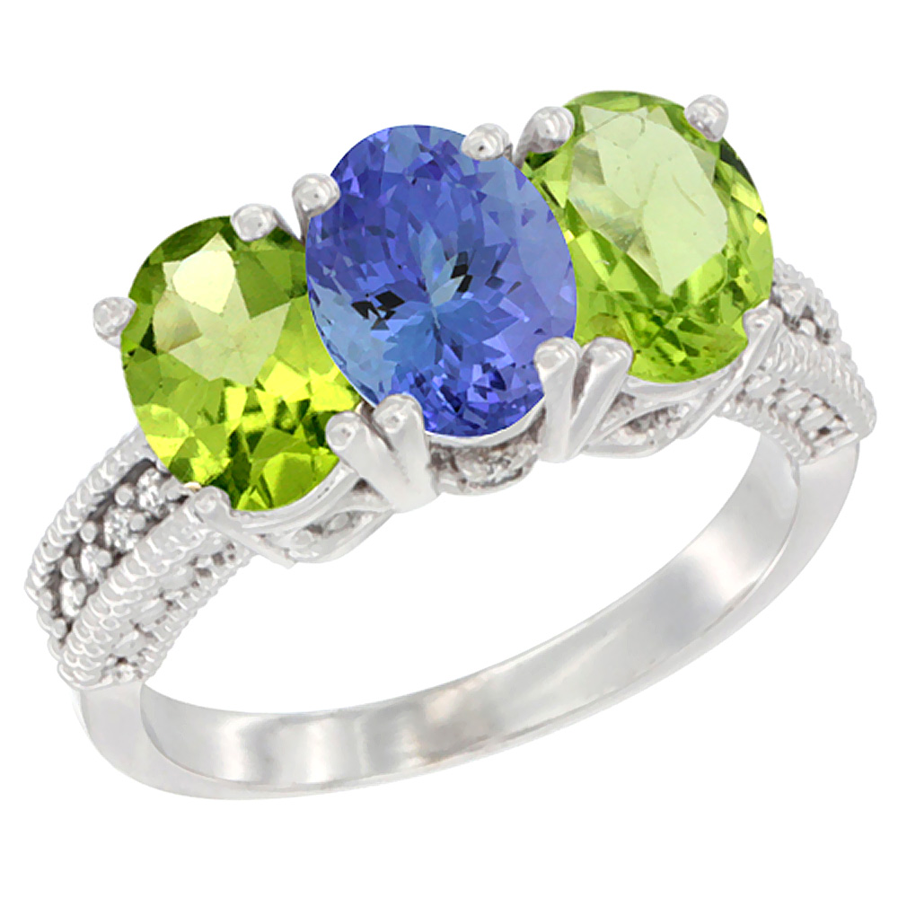 14K White Gold Natural Tanzanite &amp; Peridot Sides Ring 3-Stone Oval 7x5 mm Diamond Accent, sizes 5 - 10