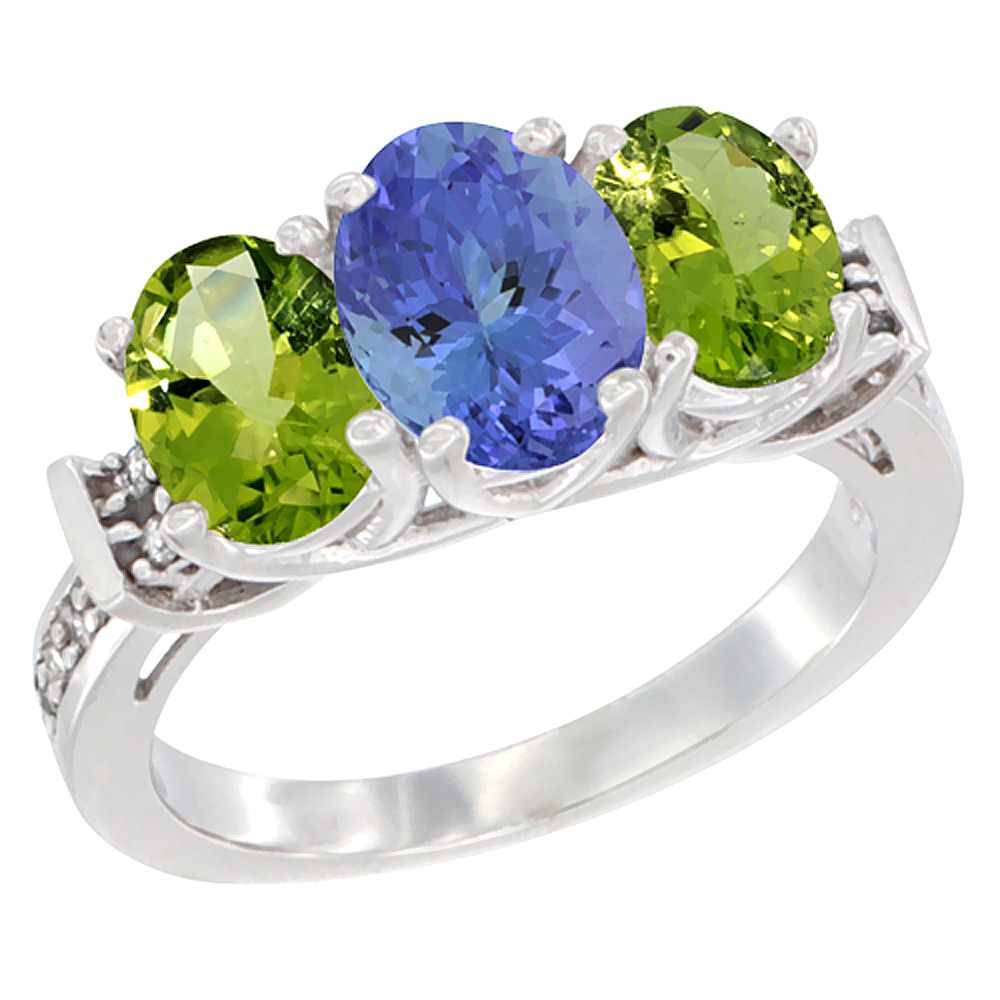 10K White Gold Natural Tanzanite & Peridot Sides Ring 3-Stone Oval Diamond Accent, sizes 5 - 10