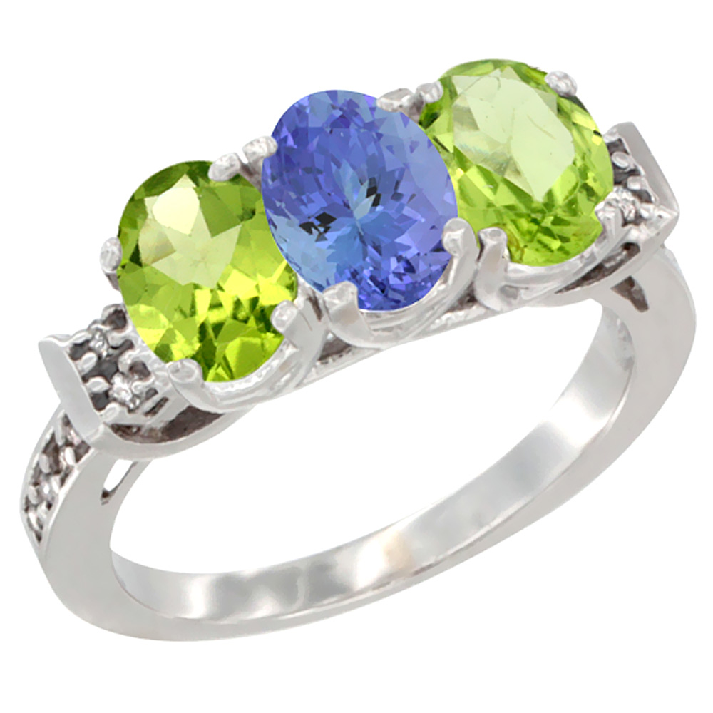 14K White Gold Natural Tanzanite & Peridot Sides Ring 3-Stone Oval 7x5 mm Diamond Accent, sizes 5 - 10