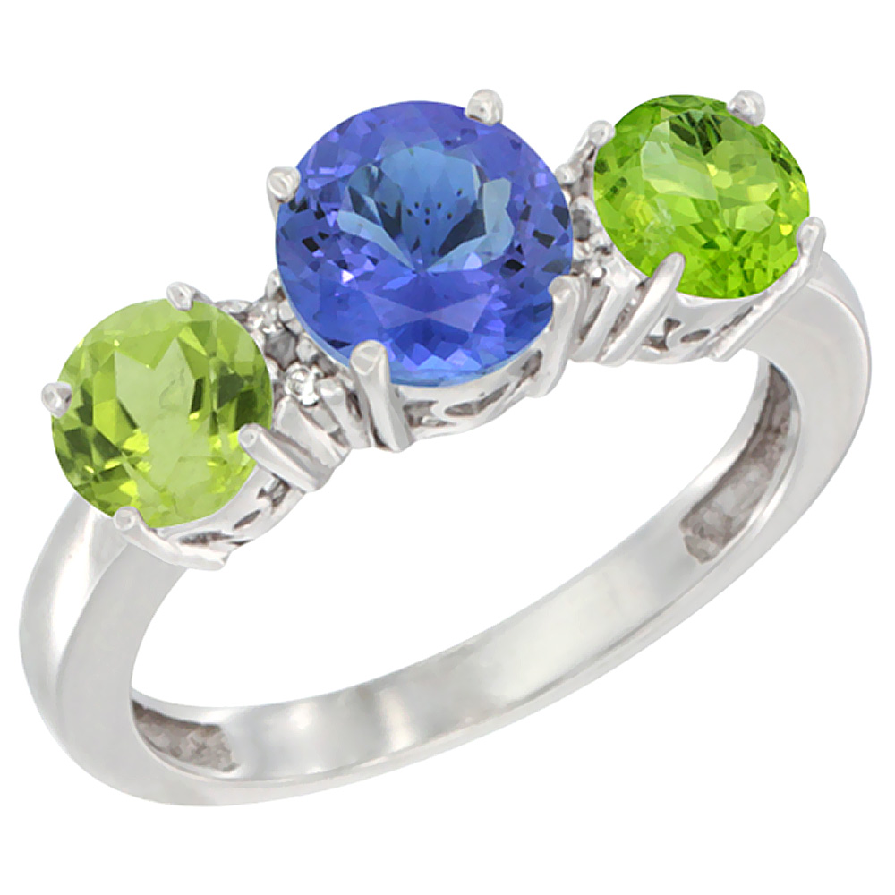 14K White Gold Round 3-Stone Natural Tanzanite Ring &amp; Peridot Sides Diamond Accent, sizes 5 - 10