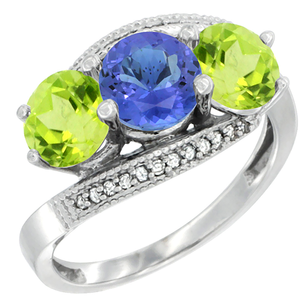 14K White Gold Natural Tanzanite & Peridot Sides 3 stone Ring Round 6mm Diamond Accent, sizes 5 - 10