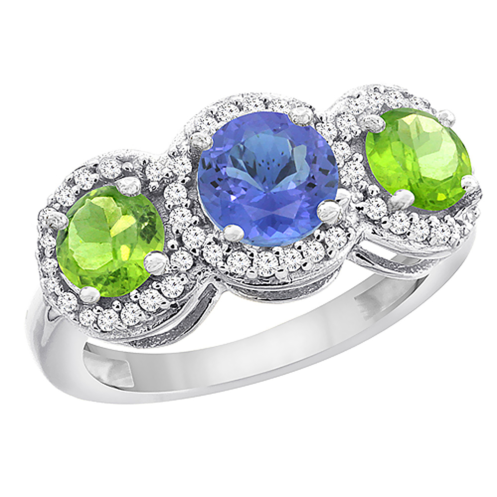 14K White Gold Natural Tanzanite &amp; Peridot Sides Round 3-stone Ring Diamond Accents, sizes 5 - 10