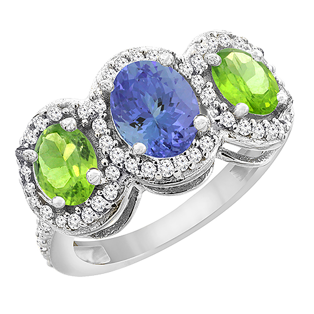 14K White Gold Natural Tanzanite & Peridot 3-Stone Ring Oval Diamond Accent, sizes 5 - 10