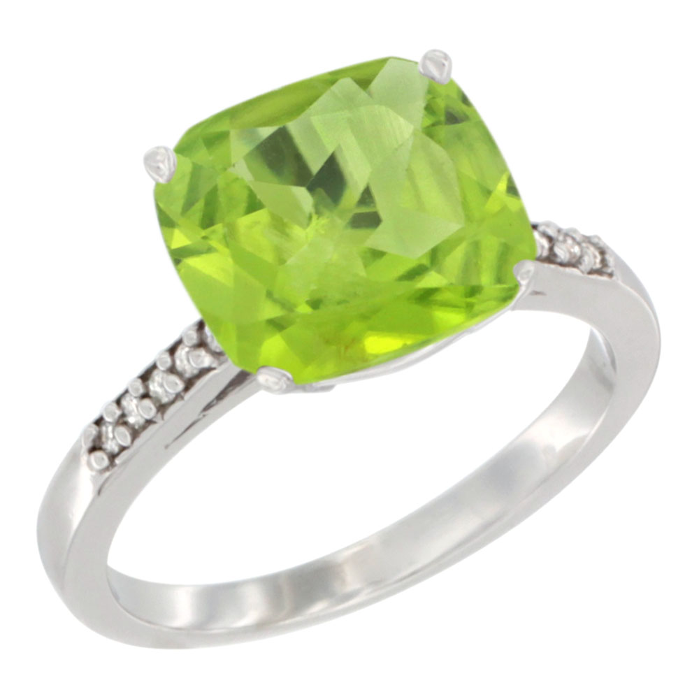 10K White Gold Natural Peridot Ring Cushion-cut 9 mm Diamond accent, sizes 5 - 10