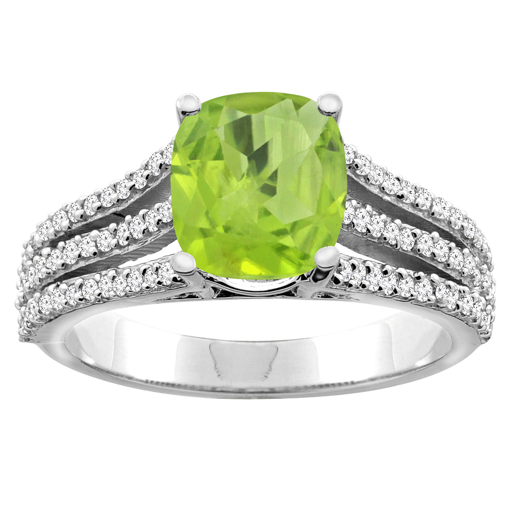 10K White/Yellow Gold Diamond Natural Peridot Tri-split Ring Cushion-cut 8x6mm, sizes 5 - 10