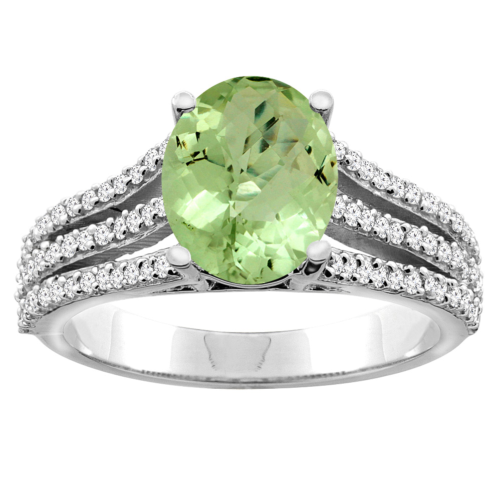 10K White/Yellow Gold Natural Peridot Tri-split Ring Oval 9x7mm Diamond Accents, sizes 5 - 10