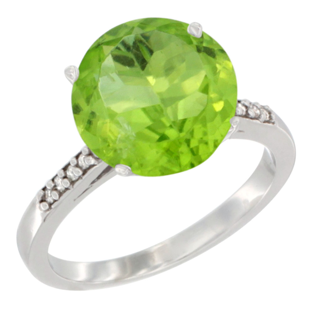 10K White Gold Natural Peridot Ring Round 10mm Diamond accent, sizes 5 - 10